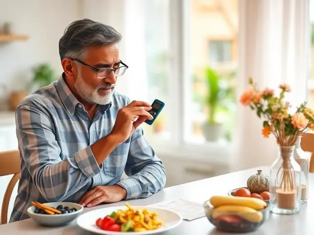 Indian man checking his blood sugar at home with a glucometer