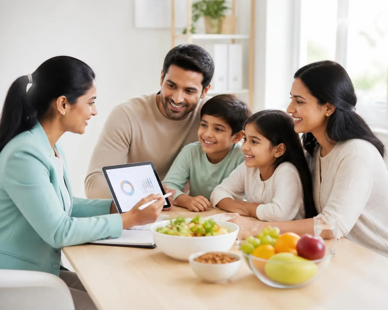 Certified dietitian reviewing an AI health dashboard on a tablet with a family over a table of fresh, healthy food in a bright modern wellness clinic