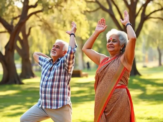 Elderly Indian couple practising gentle yoga in a sunlit park