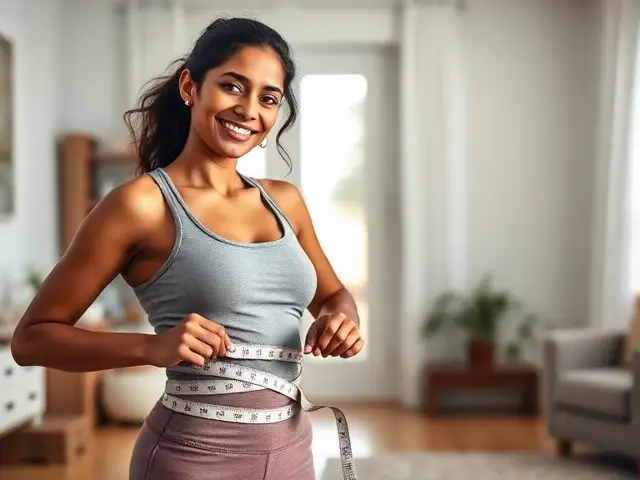 Indian woman measuring her waist at home during a weight management programme
